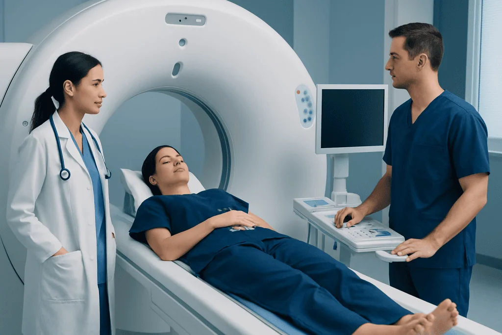 Medical professionals preparing a patient for a CT scan in a hospital.