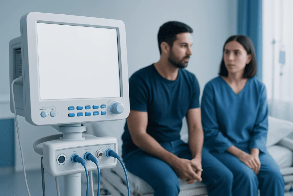 Doctor and patient in a hospital consultation room with medical equipment.