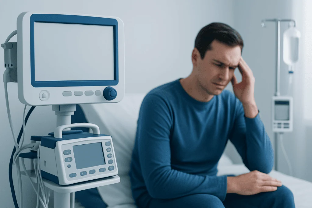 Man with headache in hospital room near medical monitors.