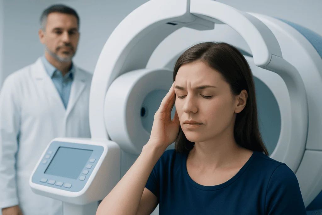 Woman experiencing headache during medical imaging at Acibadem Hospital.