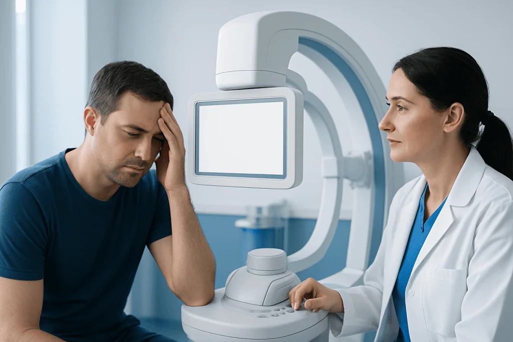 Patient experiencing headache during medical examination at Acibadem Hospital.