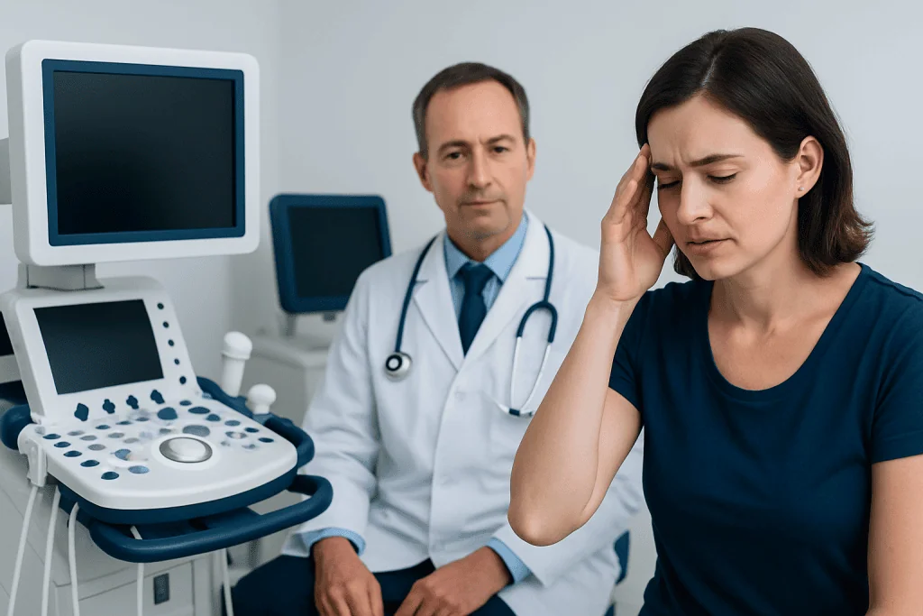 Woman experiencing headache during medical consultation at Acibadem Hospital.