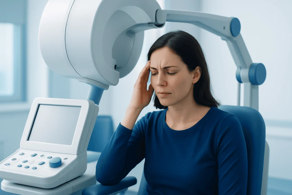 Woman experiencing headache during a medical brain scan at Acibadem Hospital.