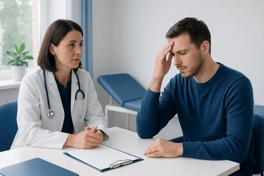 Doctor consulting a patient with headache in a clinic setting.