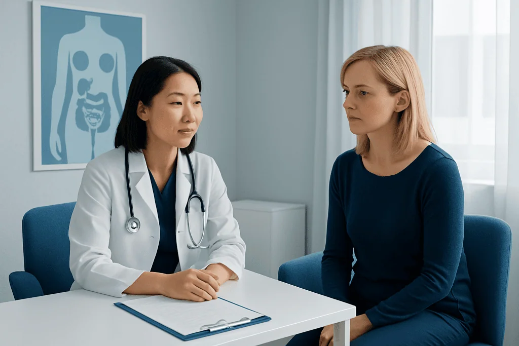 Doctor consulting female patient in a hospital room at Acibadem Hospitals Group.
