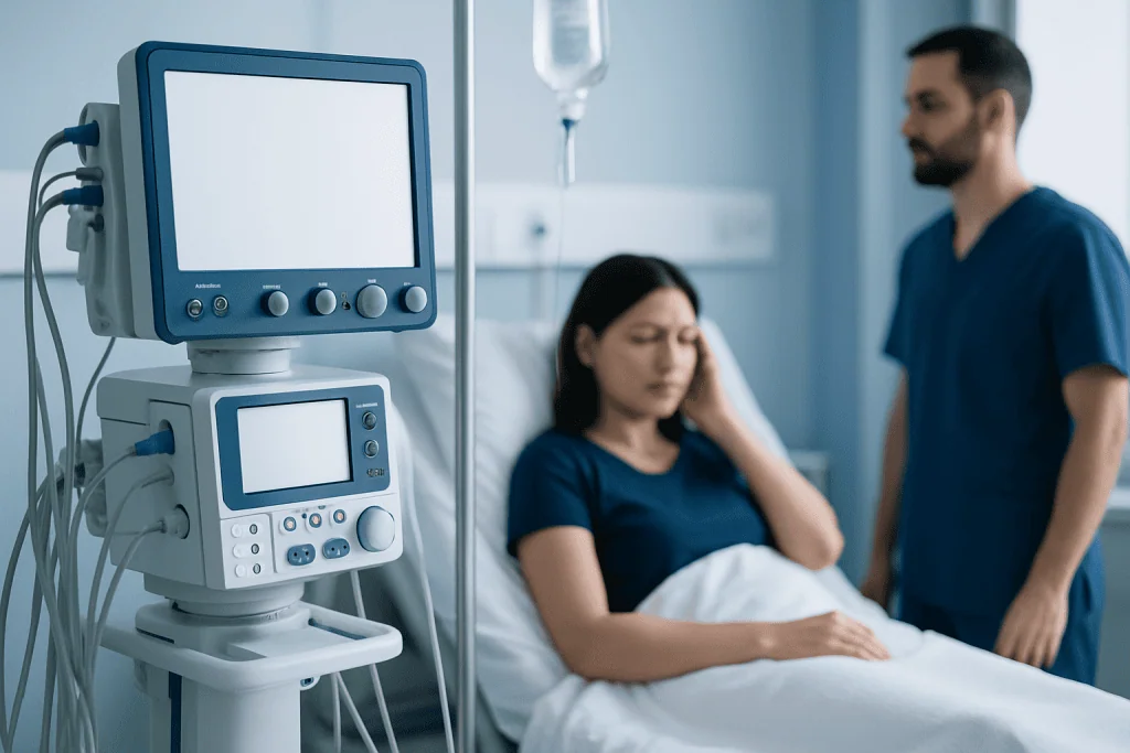 Medical monitoring equipment in a hospital room with a patient and nurse.