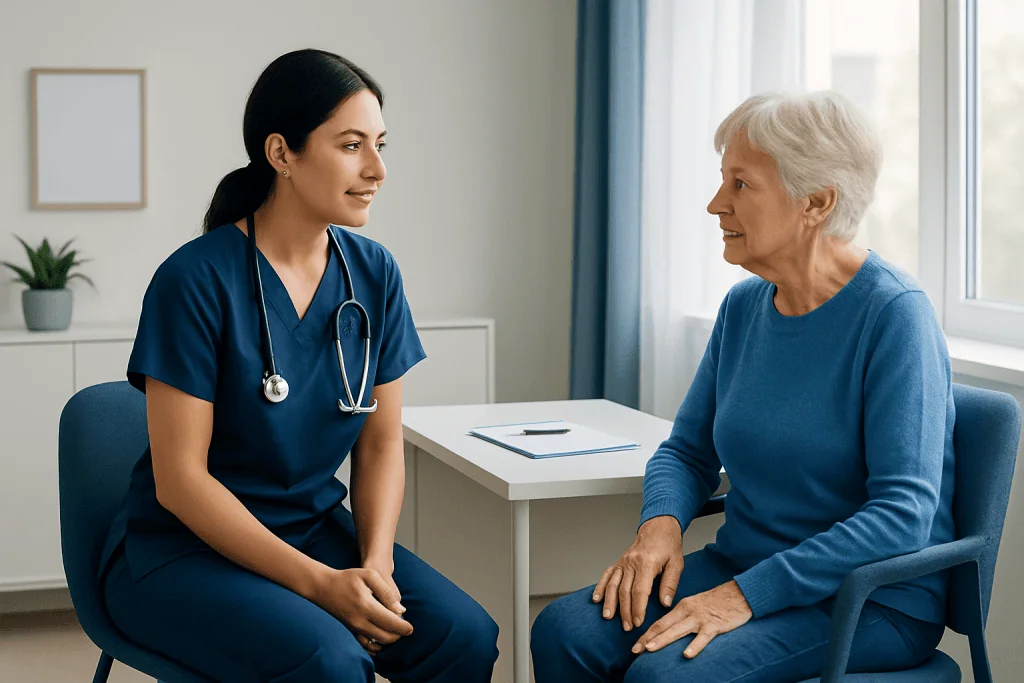 Nurse talking to an elderly woman in a healthcare setting.