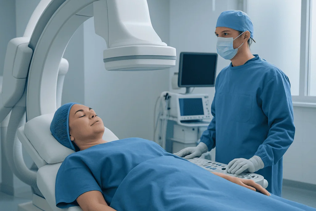 Medical professional prepares patient for interventional neurology procedure in hospital.