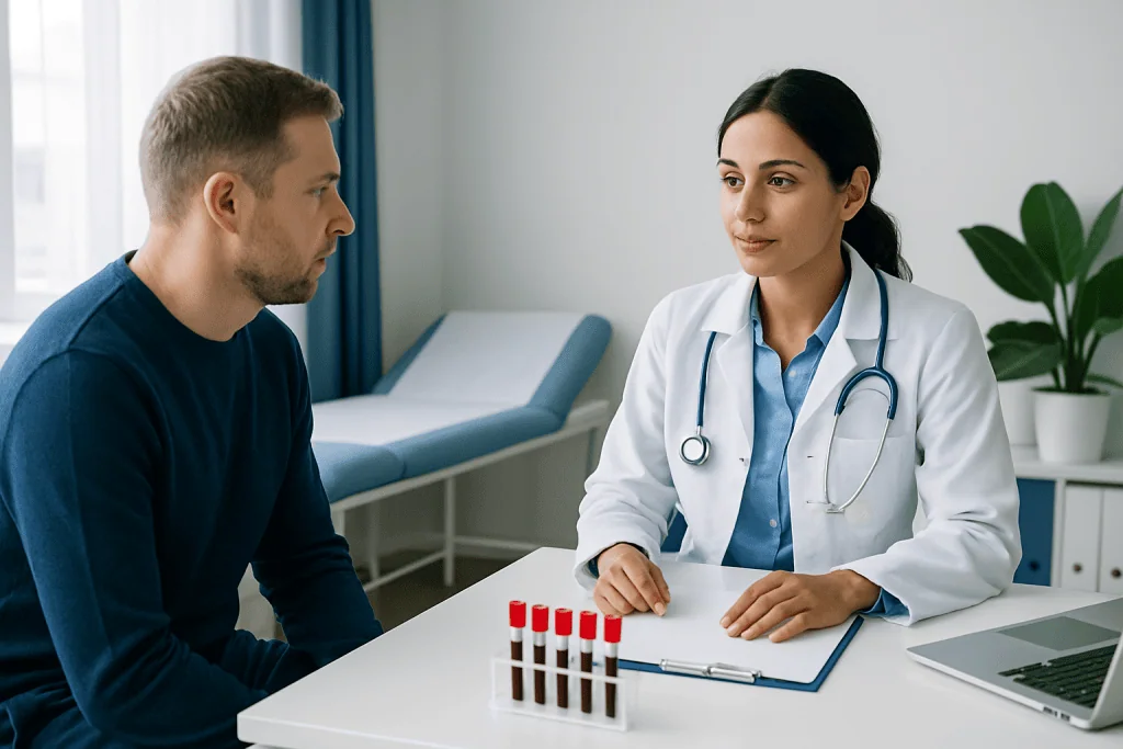 Doctor consulting patient with blood test samples in clinic.