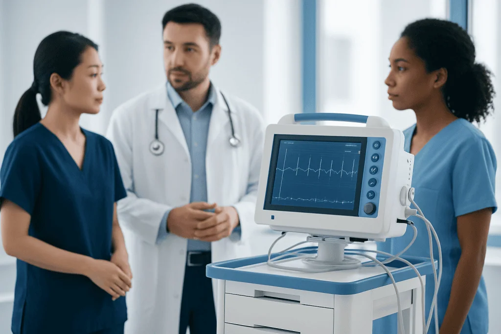 Medical professionals discussing patient care with ECG monitor in hospital.