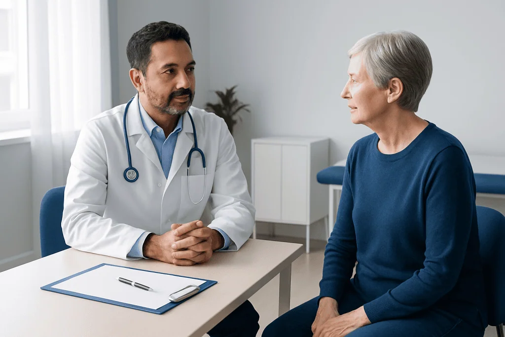 Doctor consulting with elderly woman in a medical office.