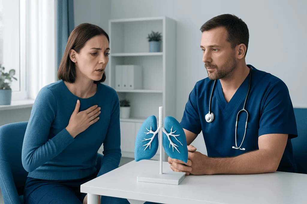 Doctor explains lung health to a patient with breathing difficulties.