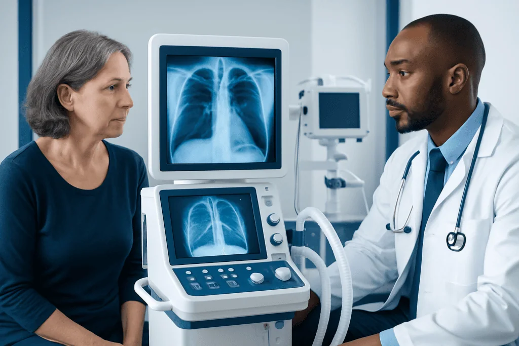 Doctor explaining lung X-ray results to a patient in a hospital setting.