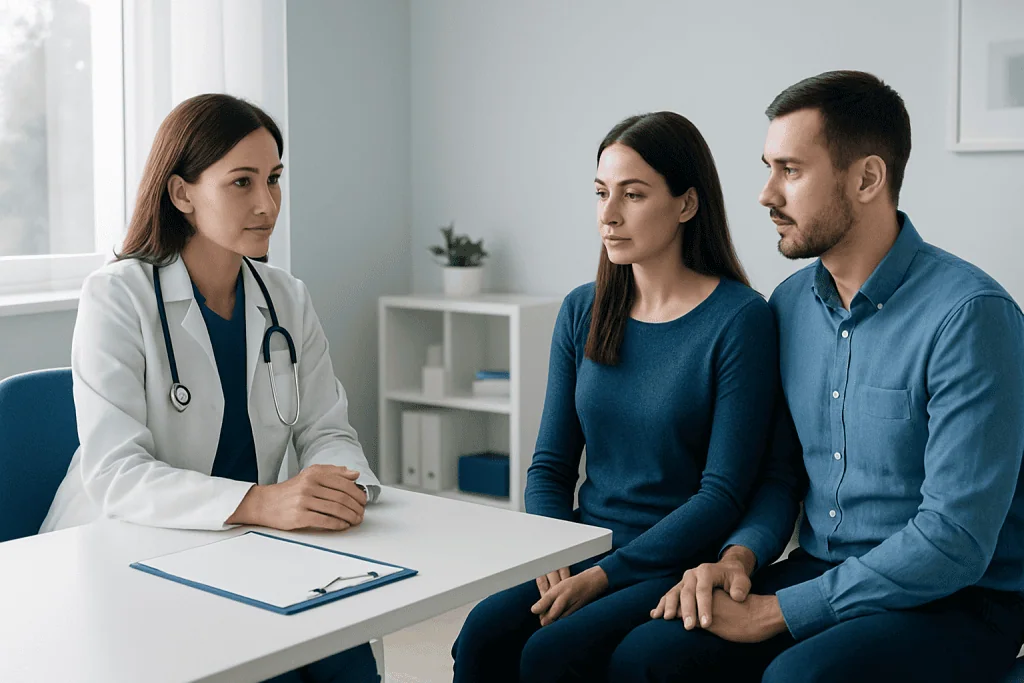 Doctor consulting with a couple about fertility options in a medical office.
