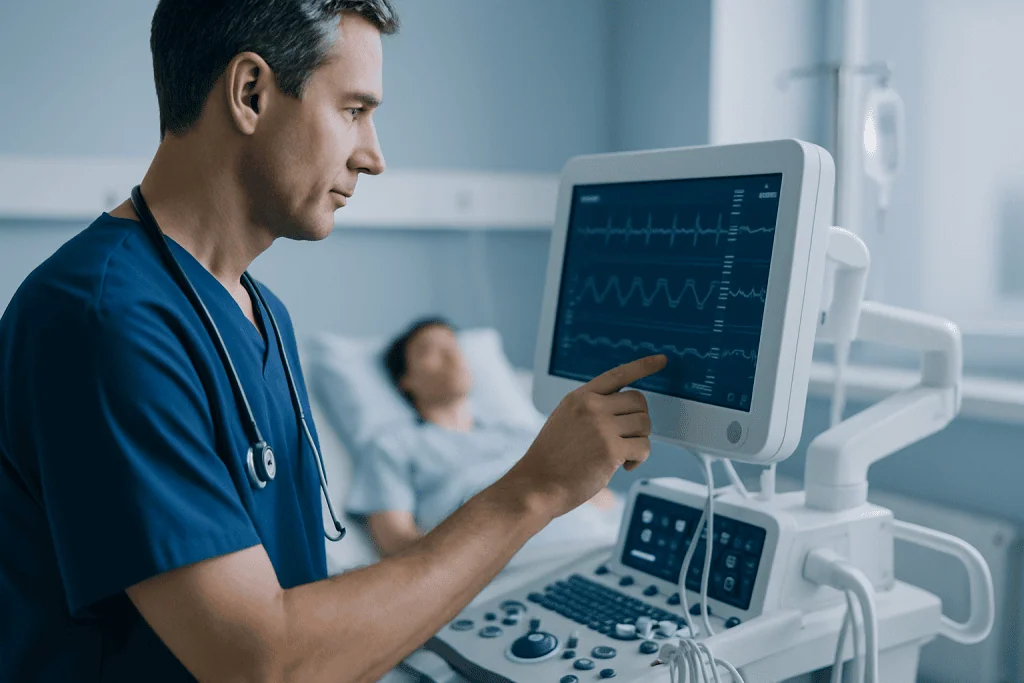 Doctor monitoring patient with ECG in hospital setting.
