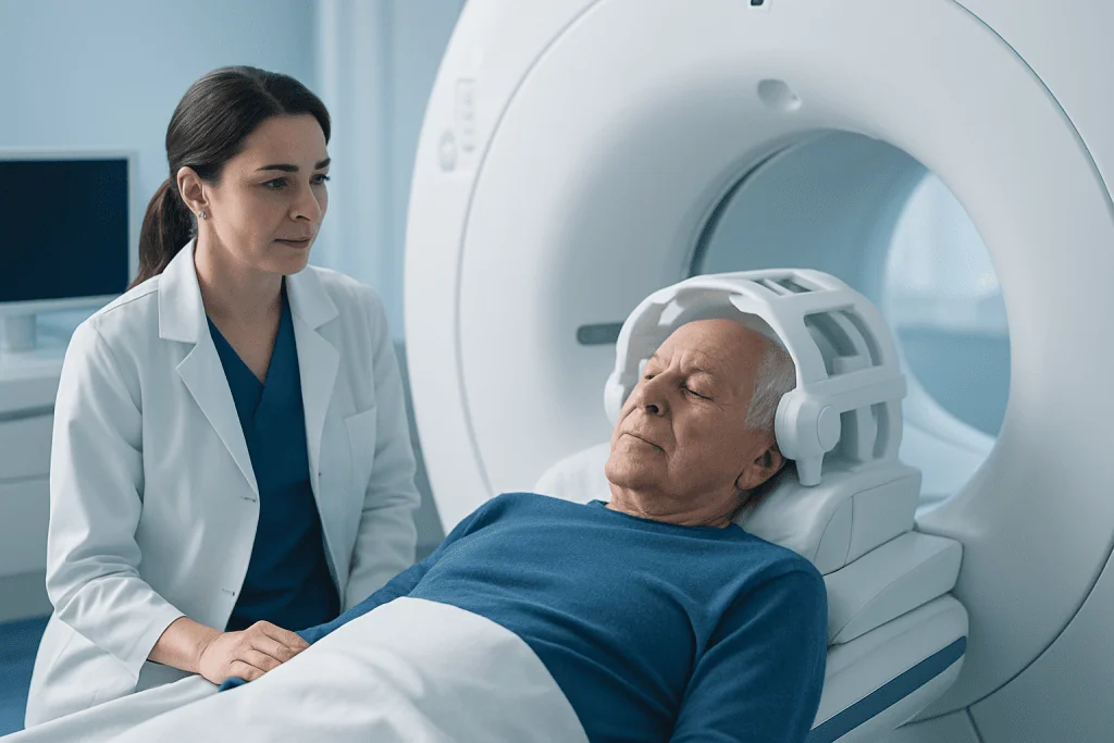 Medical professional prepares elderly patient for MRI scan in hospital.