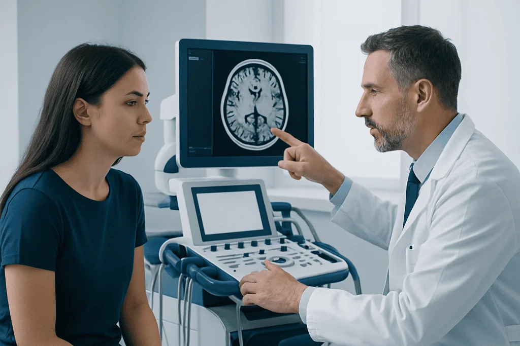 Doctor explaining brain scan to patient in a medical consultation room.