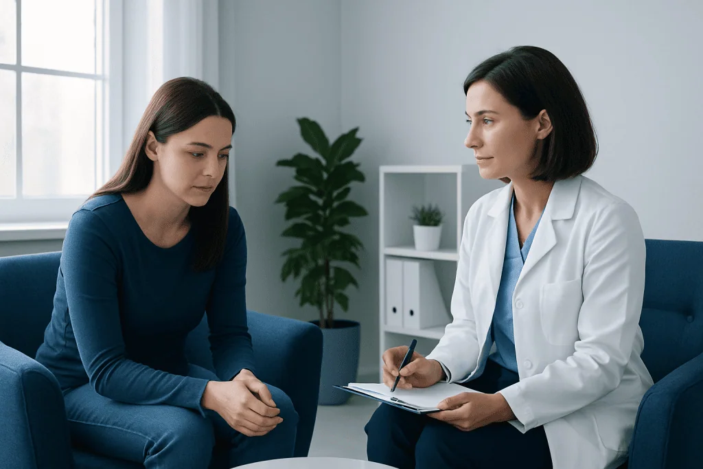Counselor and patient discussing mental health in a therapy session.