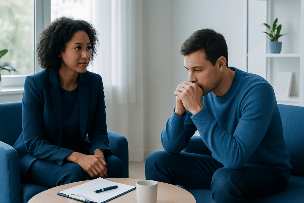 Therapist and patient in a counseling session discussing mental health.