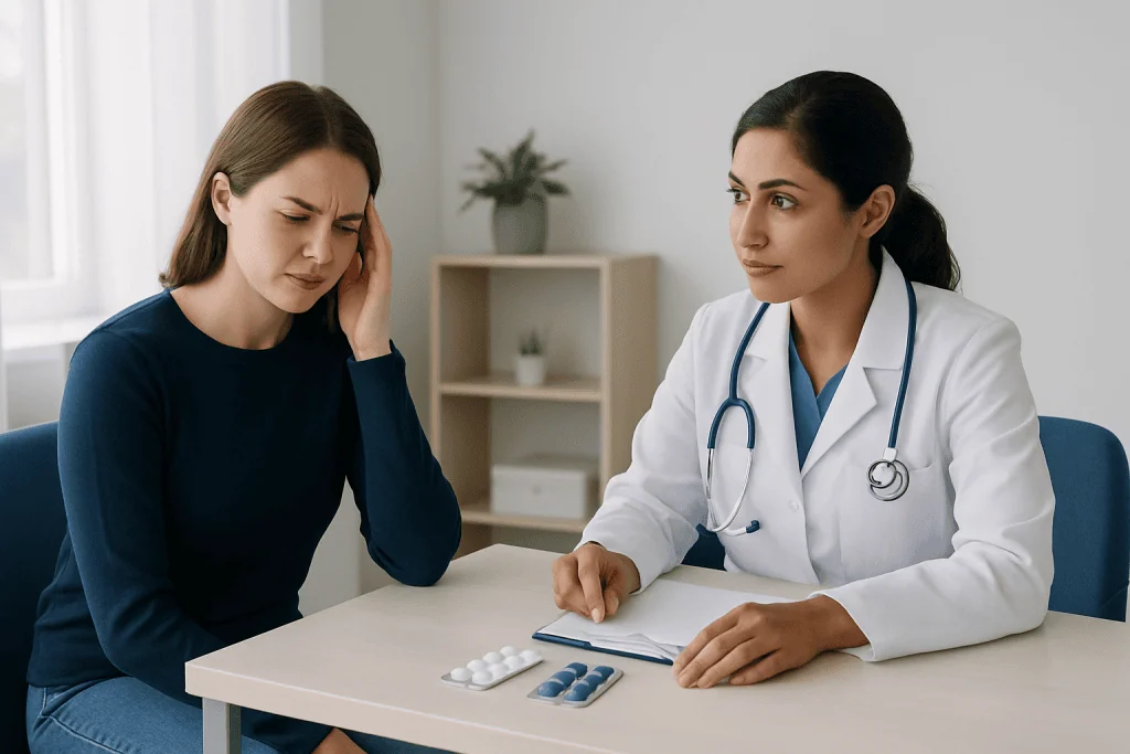 Doctor consulting a patient about migraine medication options.
