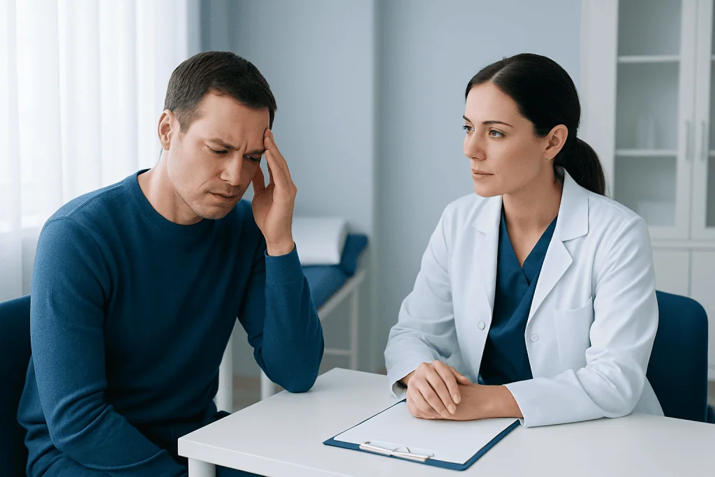 Patient consulting doctor about migraine symptoms in a medical office.