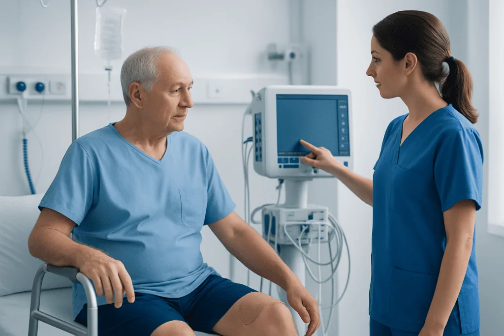 Patient and nurse discussing recovery in hospital after hip replacement surgery.