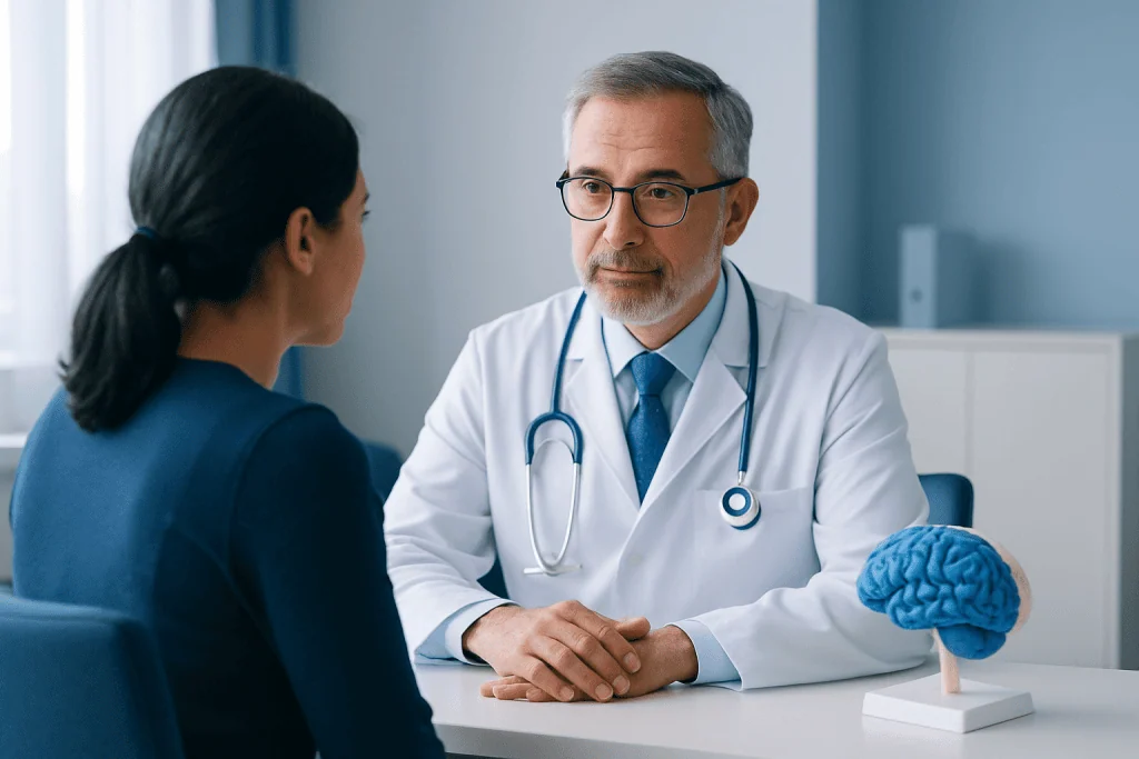Doctor consulting with a patient about brain surgery in a medical office.