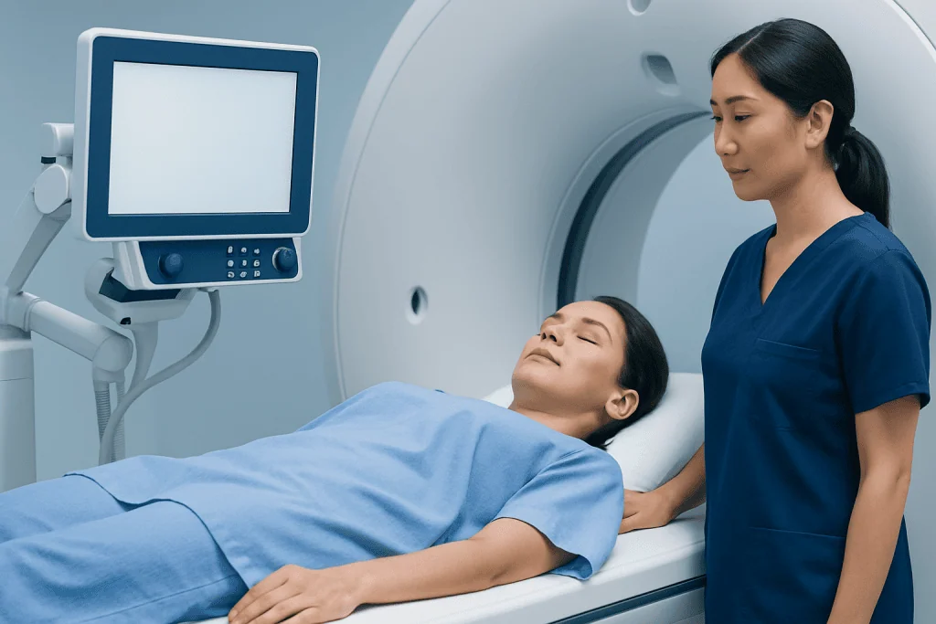 Patient undergoing MRI scan at Acibadem Hospital with nurse nearby.