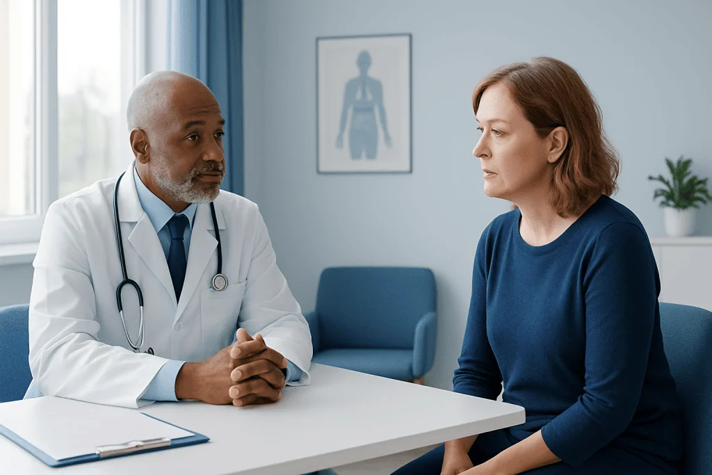 Doctor consulting with a female patient in a medical office.