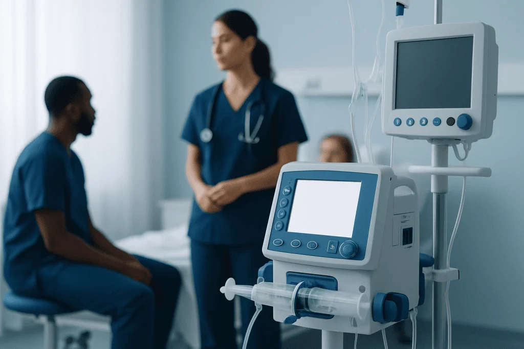 Healthcare professionals in a hospital room with medical monitoring equipment.
