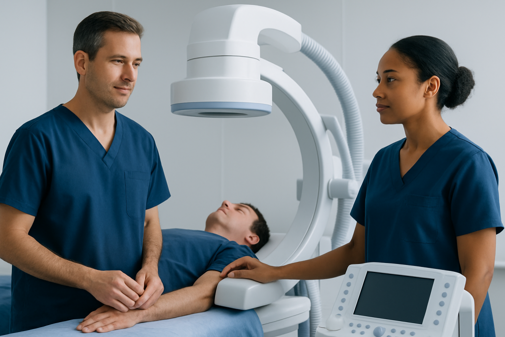 Medical professionals performing a diagnostic scan on a patient in a hospital.
