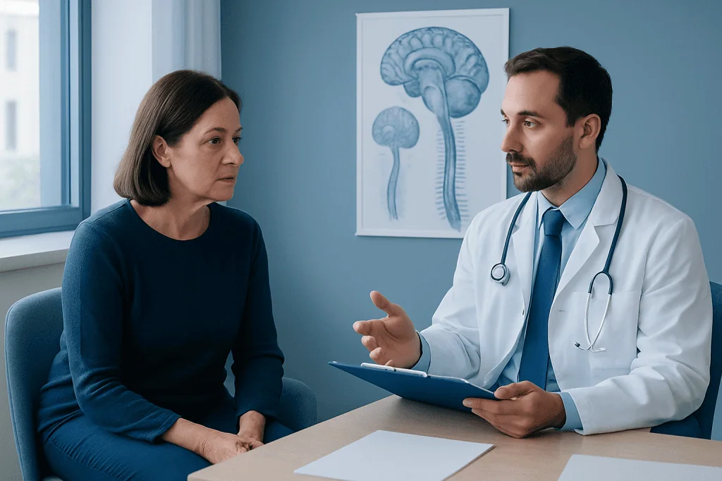 Doctor discussing neuroimmunology with a patient in a clinical setting.