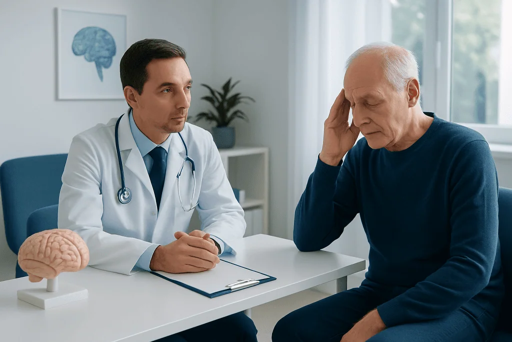 Doctor consulting with elderly patient about neurological balance issues.