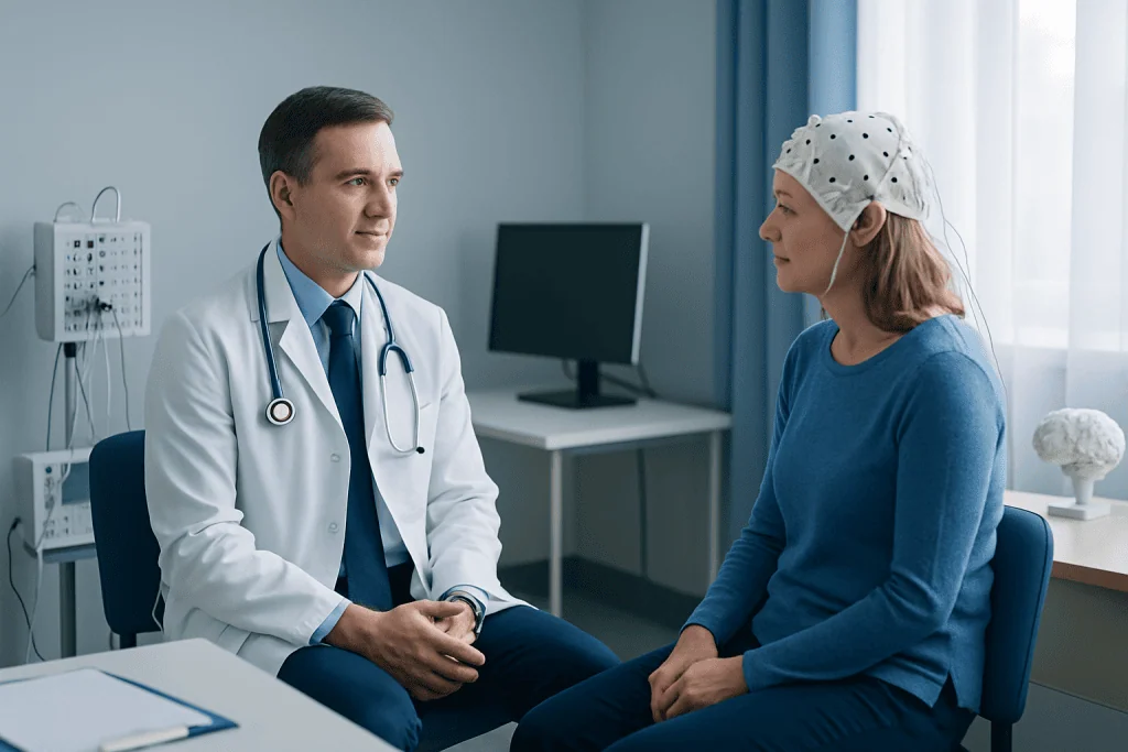 Doctor consulting with a female patient in a medical office.