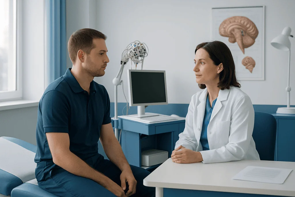 Doctor consulting patient about neurophysiology in a clinical setting.