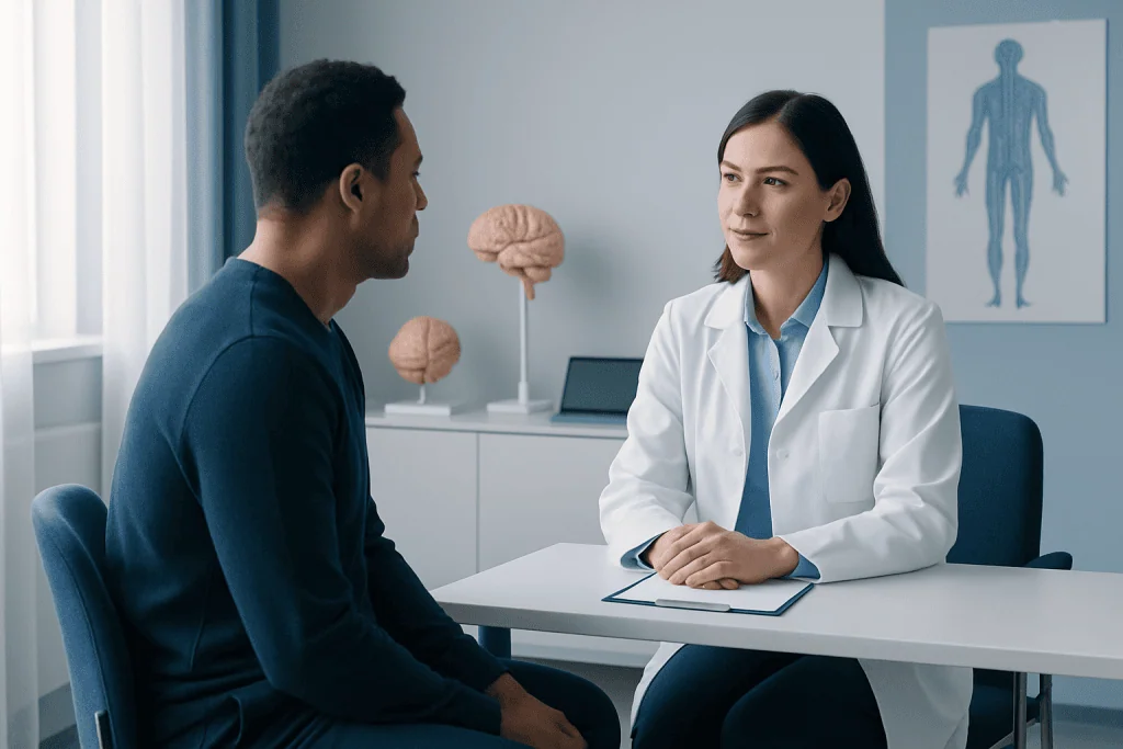 Doctor consulting with patient about nervous system testing and neurophysiology.
