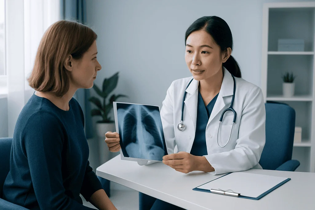 Doctor explaining chest X-ray results to a patient in a medical consultation.