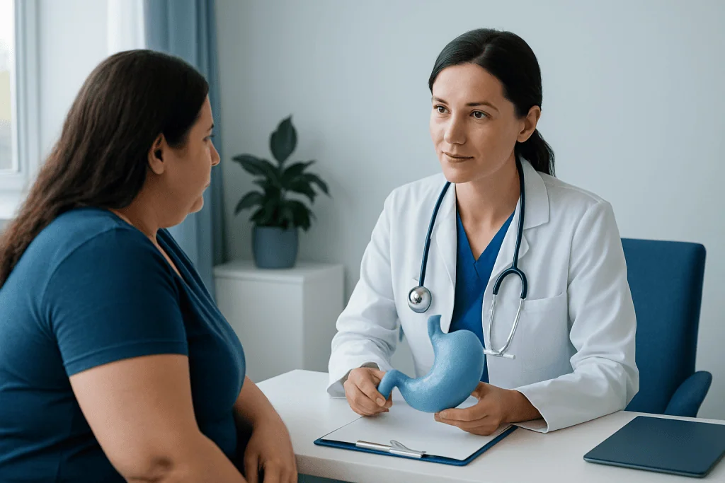 Doctor explaining stomach reduction options to a patient in a consultation.
