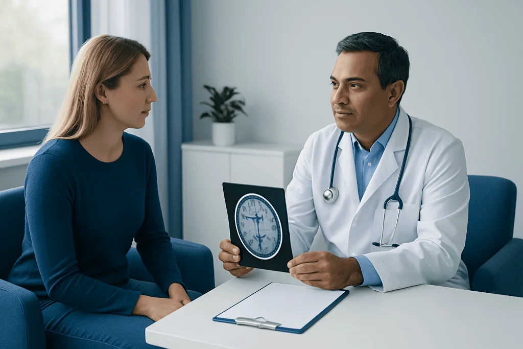 Doctor explaining brain MRI report to a patient in a consultation room.