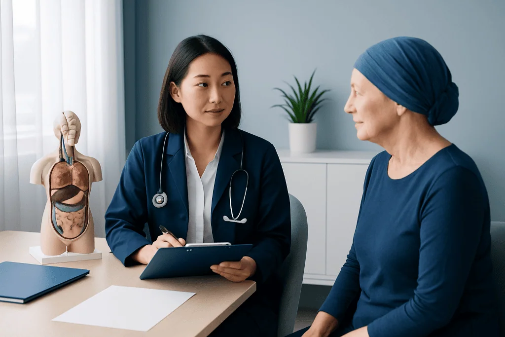 Doctor consulting a patient about cancer care with a model of human organs.