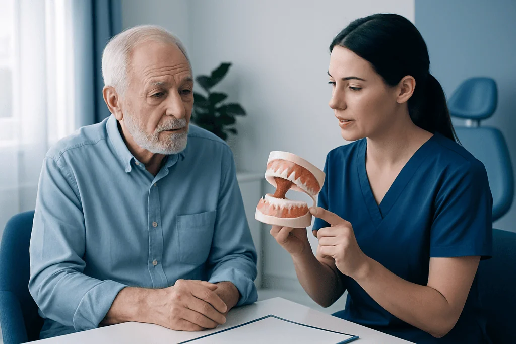 Dental professional explaining dentures to an elderly patient in a clinic.