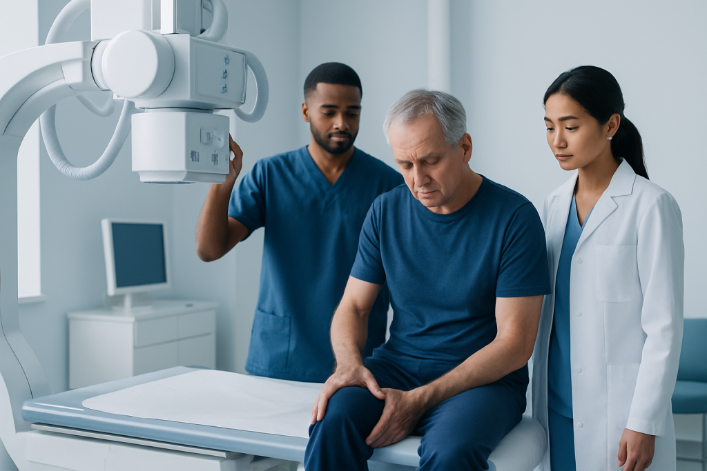 Doctor examining patient's knee in a hospital setting.