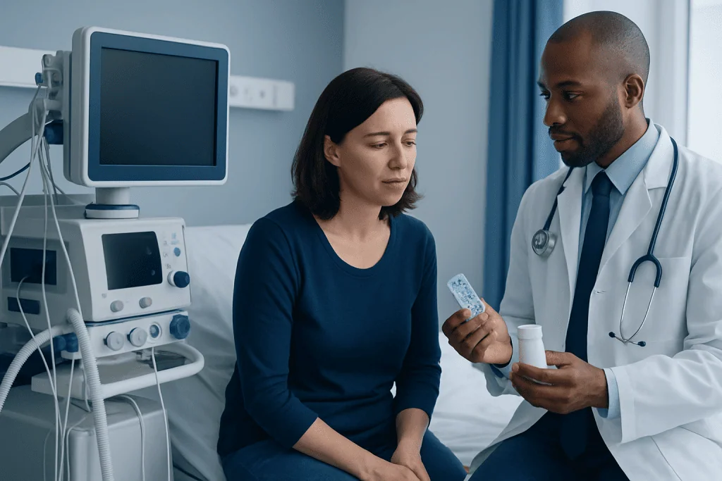 Doctor explaining medication to a patient in a hospital room.