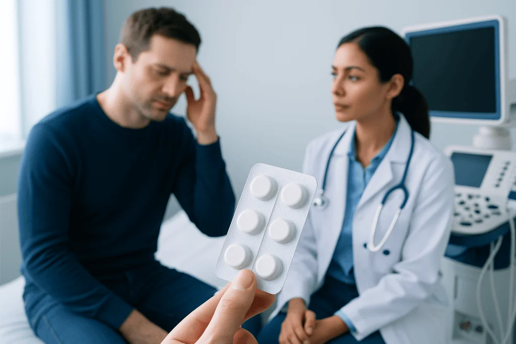 Patient experiencing headache during medical consultation at Acibadem Hospital.