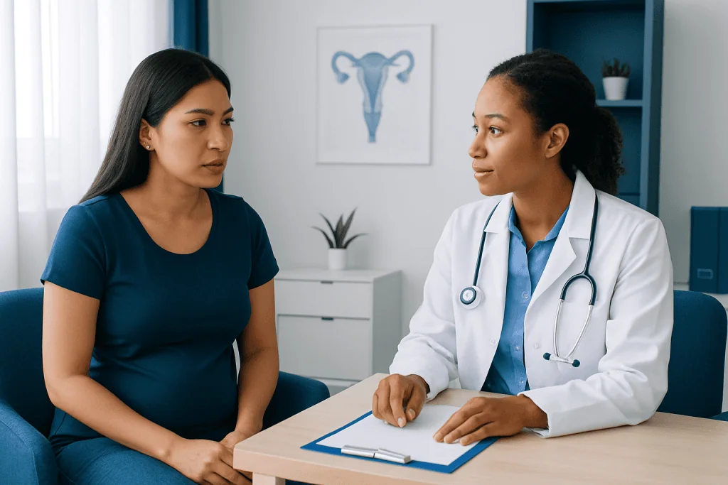 Doctor consulting with pregnant woman in a medical office.