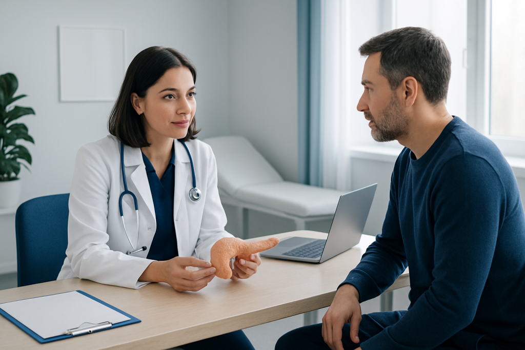 Doctor explaining pancreas health to patient in consultation room.