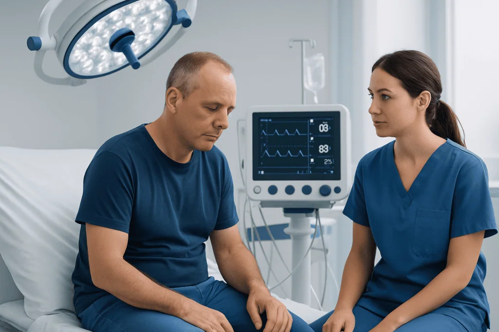 Patient and nurse in a hospital room with medical monitoring equipment.