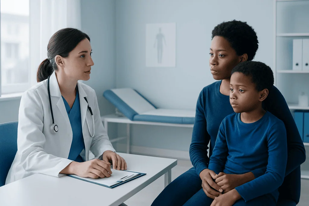 Doctor consulting with a mother and child in a medical office.