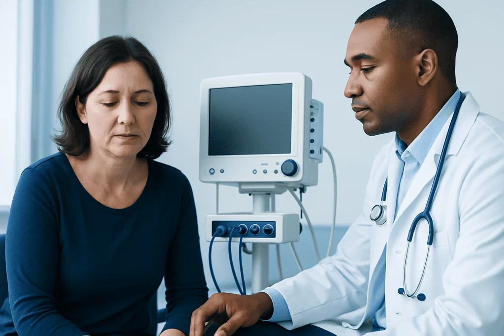Doctor checking blood pressure of a woman patient in a medical office.