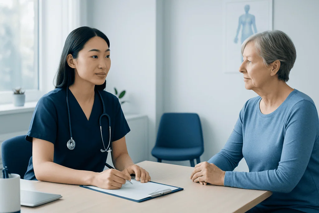 Doctor consulting with an elderly patient in a medical office.